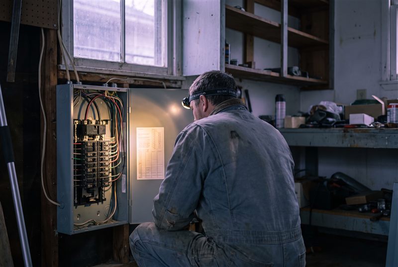 Electrician inspecting a breaker panel
