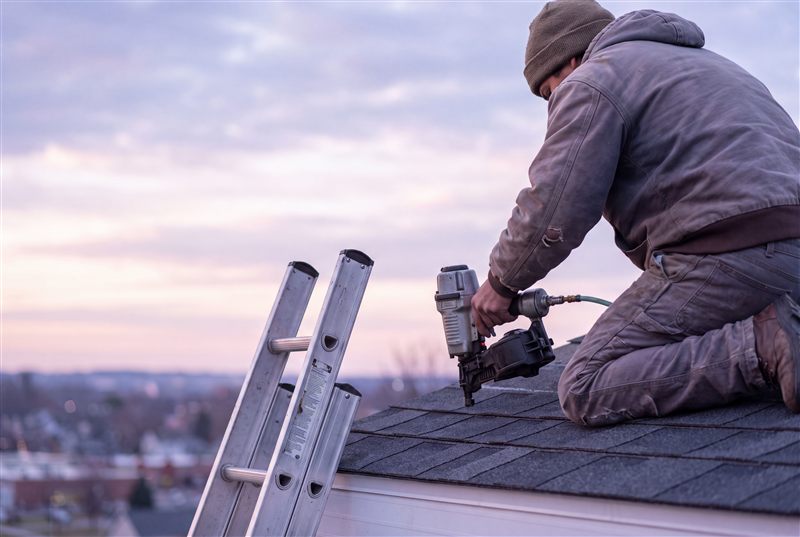 Roofer working on a shingle roof at dawn
